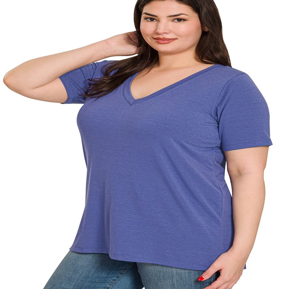 Zenana Plus Short Sleeve V-Neck Top Relaxed Fit Marlin Blue 1X-3X